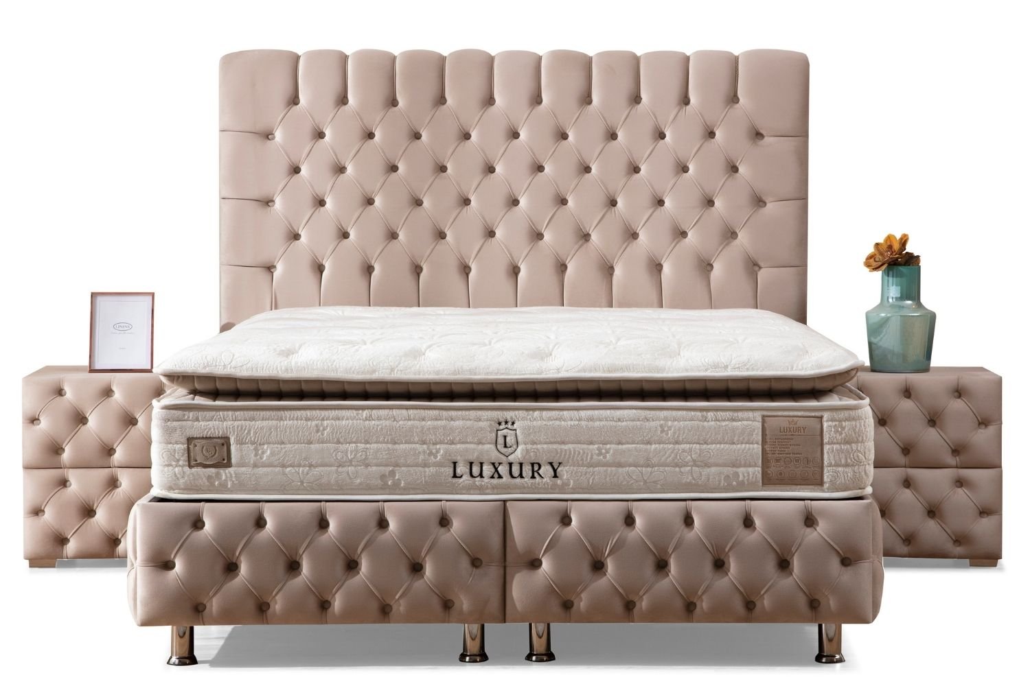 Lit Coffre Luna Beige - Velours capitonné - Image 3