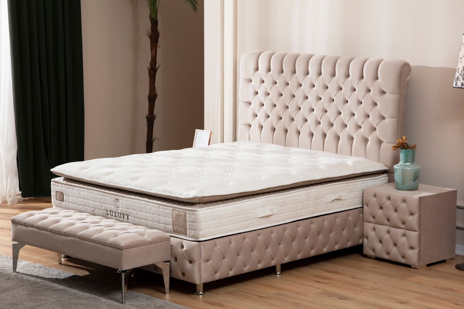 Lit Coffre Luna Beige - Velours capitonné - Image 7