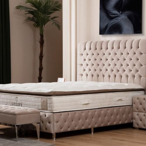 Lit Coffre Luna Beige - Velours capitonné