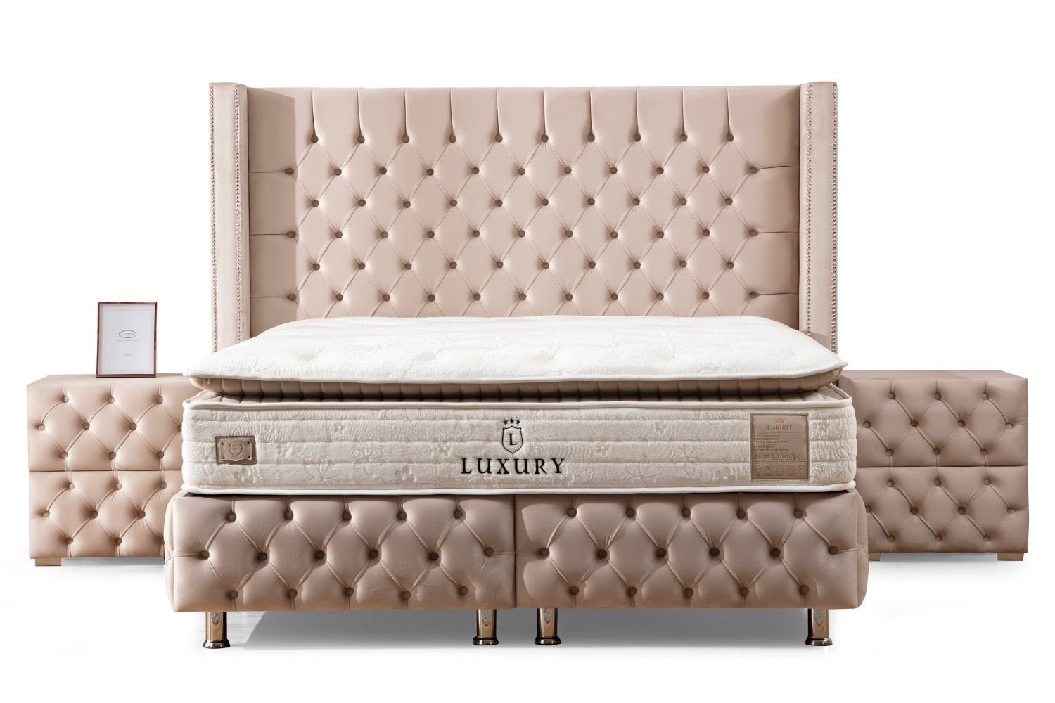 Lit Coffre Clout Beige - Velours capitonné - Image 4