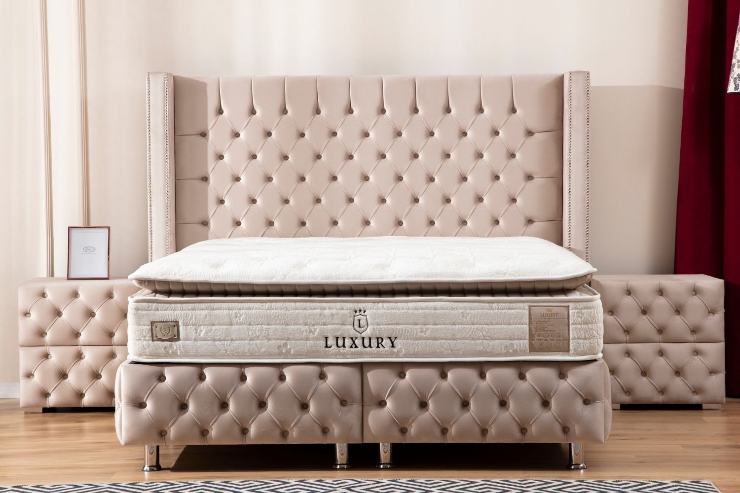 Lit Coffre Clout Beige - Velours capitonné - Image 3