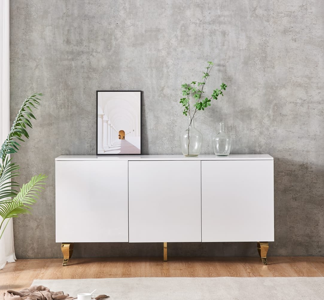 Buffet Baroque Laqué Blanc avec Pieds Dorés en Acier – Image 3