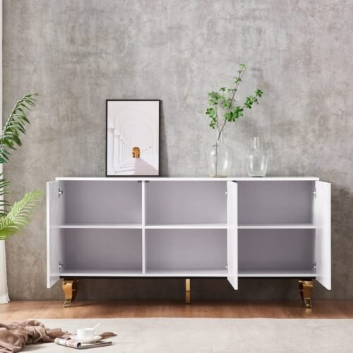 Buffet Baroque Laqué Blanc avec Pieds Dorés en Acier
