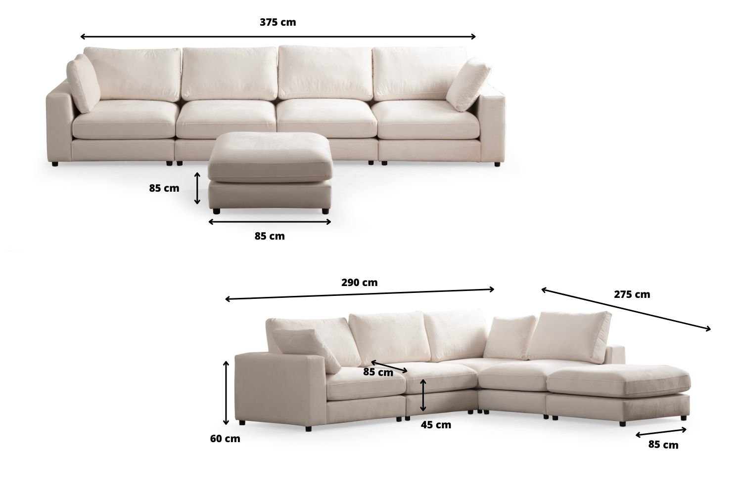Canapé Julia Modulable Velours Blanc cassé 4+1 Pouf - Image 9
