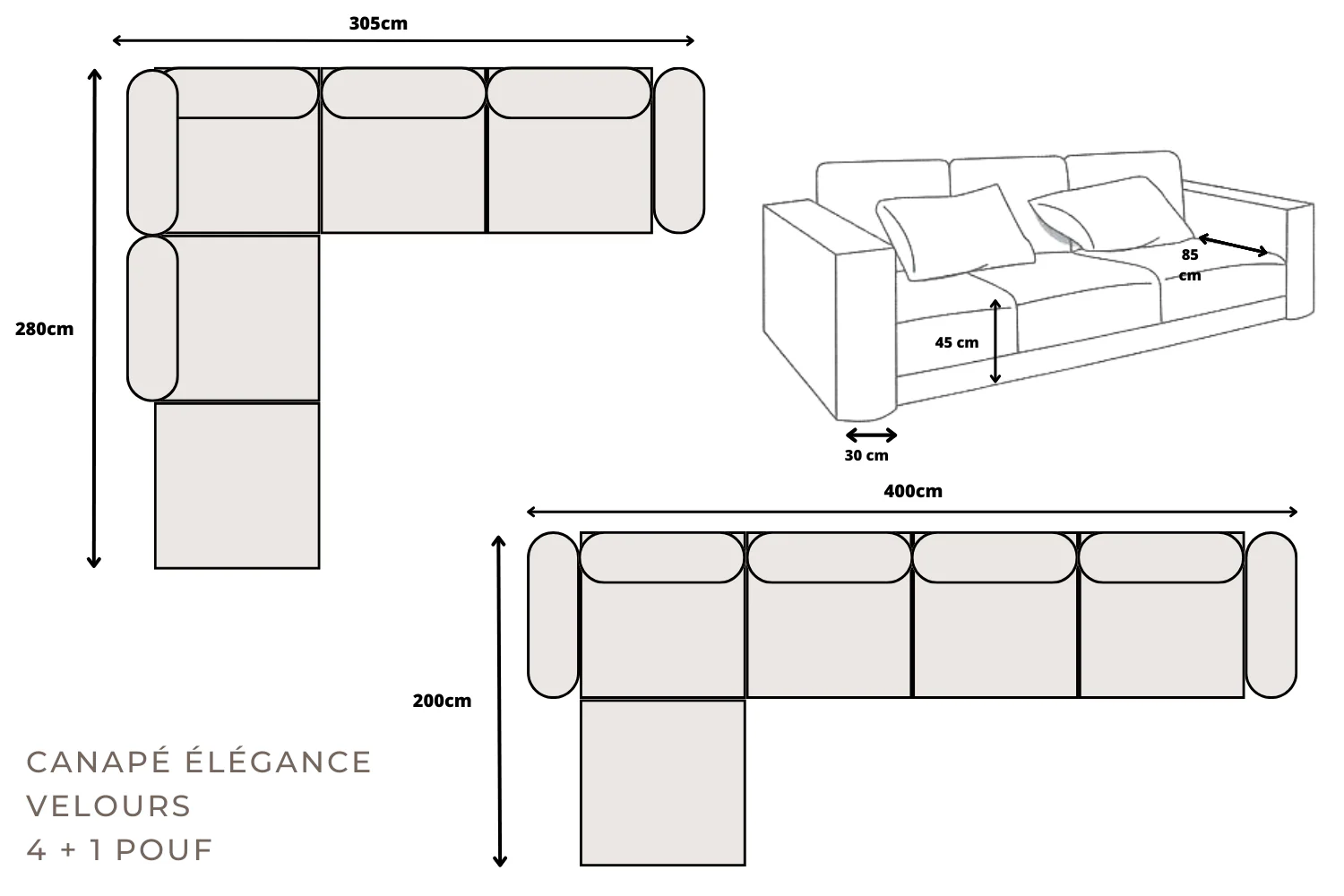 Canapé Elégance Velours Modulable 4+1 Pouf - Image 4